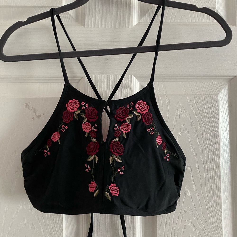 Black With Pink Roses Bikini Halter Top